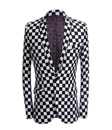 Costume homme noir blanc imprimé à carreaux 2 pièces mariage marié mode damier veste scène chanteur hôte danseur coupe ajustée Costume Part4942836