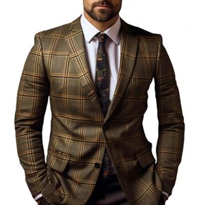 Men de combinaison manteau de style commercial formel Slim Fit Plaid Imprimé à manches longues à manches longues Clre Mid longueur Straight Cardigan Work CoA 240326