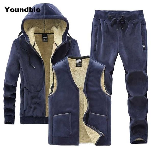 Traje de hombre Fleece Chándal de tres piezas Ocio Grueso con capucha Invierno Cordero Terciopelo Casual Tamaño grande 8Xl 211103