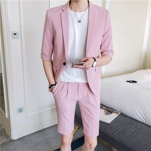 Men Pak Set Slim Fit halve mouw knie lengte broek Koreaanse stijl heren kleding roze witte zomerpak jasje met korte broek 201106