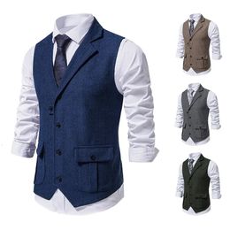 Men Pak Vest Herringband Fabric Waistcoat Business Wedding Casual Turndown Collar Mens Dress Blazer Vesten formeel feest V07 240529