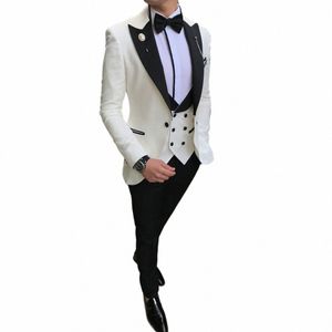 Mannen Pakken 3 Stuks Slim Fit Busin Suits Bruidegom Champagne Noble Grijs Wit Smoking voor Formele trouwpak Blazer + broek + Vest 93XL #