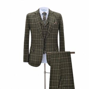 Costumes pour hommes 3 pièces Slim Fit Busin Costumes Groom Army Green Noble Plaid Laine Tuxedos pour costume de mariage formelBlazer + Pantalon + Gilet u4IT #