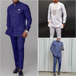 Costumes pour hommes pour mariage col montant Plaid chemise à manches longues pantalon africain ethnique affaires 2 pièces ensembles homme vêtements tenues porter 240220