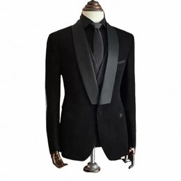 Mannen Pakken Hoge Kwaliteit Zwart 3 Stuk Jas Broek Vest Elegante Blazer Luxe Outfits Set Bruiloft Avondfeest Kostuum homme D4wM #