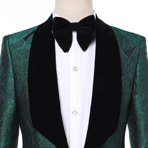 Costumes pour hommes avec pantalon 2019 smoking italien Slim velours revers feuilles vertes formel marié mariage bal fête costumes homme Blazer3432