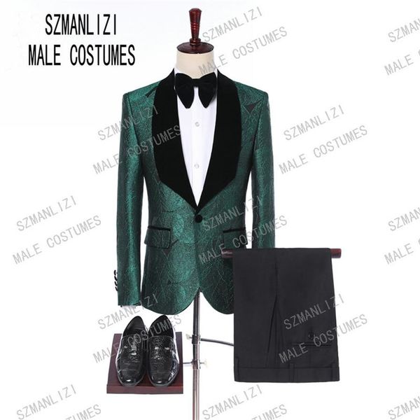 Hommes costumes avec pantalon 2019 italien smoking Slim velours revers feuilles vertes formel marié mariage bal fête costumes homme Blazer264e
