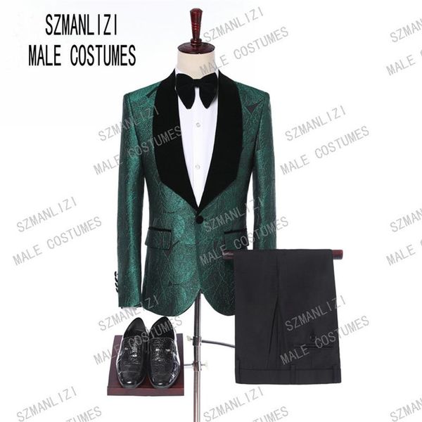 Hommes costumes avec pantalon 2019 italien smoking Slim velours revers feuilles vertes formel marié mariage bal fête costumes homme Blazer269n