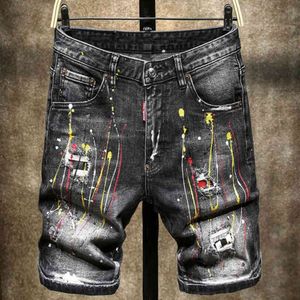 Mannen Zomer Blauw Shorts Jeans Gaten Denim Shorts Paint Casual Streetwear Jeasn Shorts Hoge Kwaliteit Mannen Slanke Fit Stretch Jeans 38 X0628