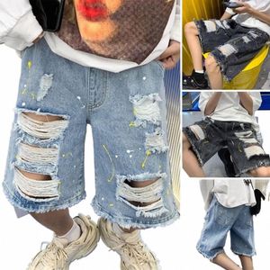 Hommes été décontracté Denim Shorts élastique cordon ceinture poches décontracté Shorts couleur unie jambe large déchiré trous Shorts b5GO #