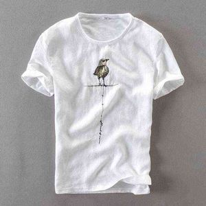 Hommes été mode marque japon Style drôle oiseau dessin animé broderie 100% lin mince respirant T-shirt mâle pullover décontracté haut H1218