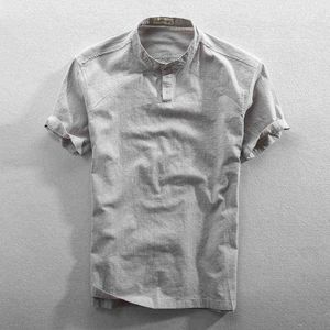 Hommes Mode D'été Japon Style Couleur Unie Col Montant À Manches Courtes Haute Qualité Coton Lin Tshirt Mâle Casual Simple T-shirt H1218