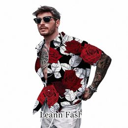 Hommes Summer Hawaiian Vacati Shirt Mâle Vintage Roses rouges Impression Tops Tees Fi Vêtements quotidiens Casual Streetwear 96nf #