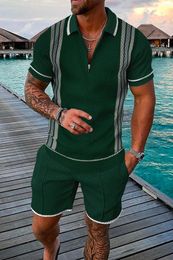 Men Summer Polo Shirt Set 2 stuks Hawaii Tracksuit Casual Business Suit Fashion Trun Down Collar Zipper Clothing Vintage Outfit 240514