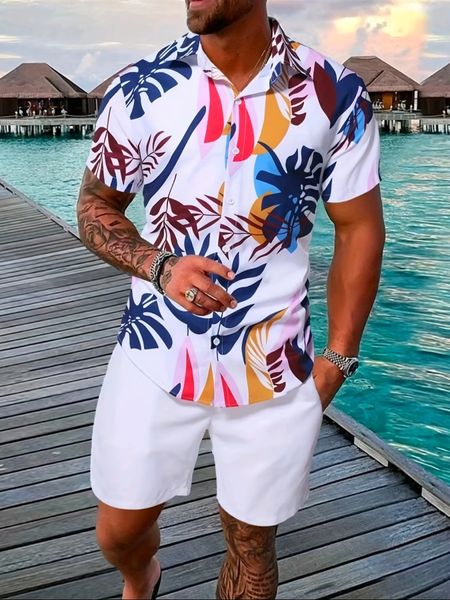 Ensemble d'été imprimé pour hommes, chemise décontractée à manches courtes, Short de plage, Streetwear, costumes hawaïens pour vacances, 240227
