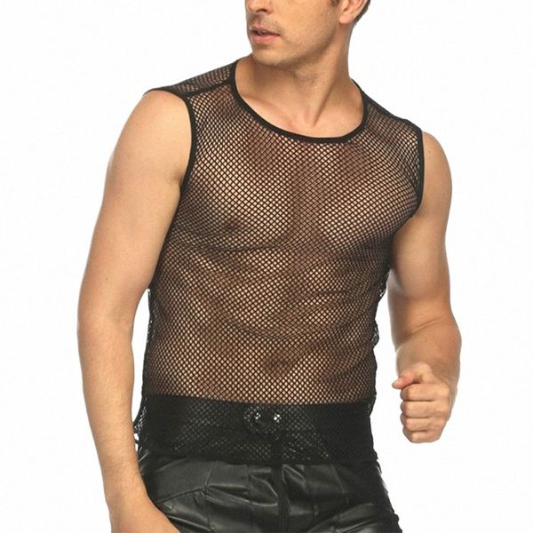 Hommes Summer Sexy Transparent Fishnet Tanks Top Vest Sleevel Slim Fit Solid Black Mesh O Cou Sport Gilets T-shirts Vêtements K95n #