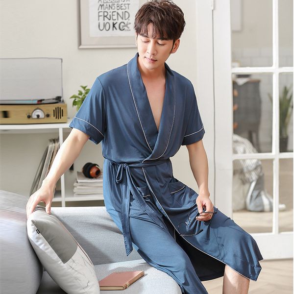 Hommes été robes de sommeil confortable long Kimono peignoir de bain maison pyjamas peignoir col en v vêtements de nuit