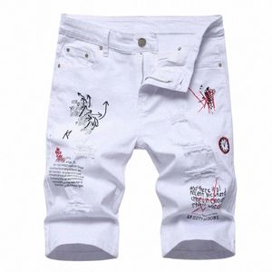 Men Summer White gescheurde denim shorts mannelijke gaten korte jeans nieuwe fi streetwear stretch jeans shorts broek srtaight fit jeans w4cj#