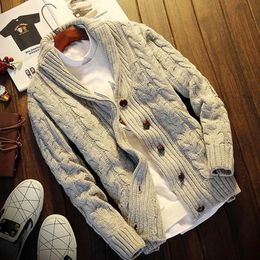 Мужской свитер, пальто, повседневный утепленный кардиган на пуговицах, однотонный, массивная вязка, модная одежда, капюшон 240103