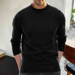 Men Sweater Solid Color Soft ademende anti-pilling slanke fit ronde nek lange mouw gebreide elastische herfst trui mannen kleding l220730