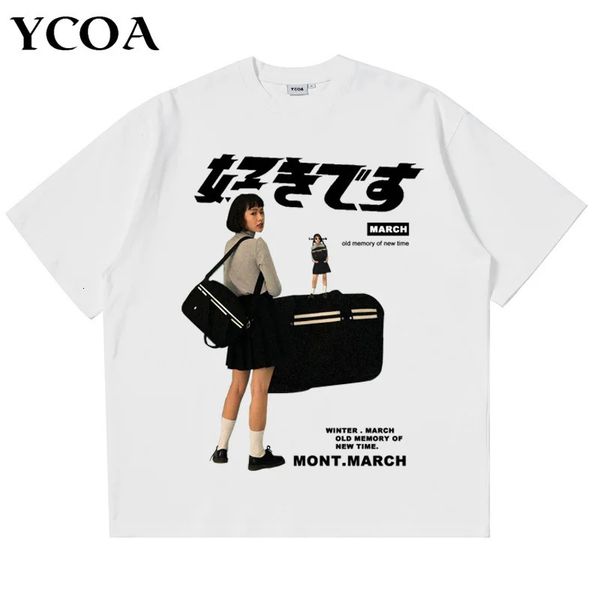 Men T-shirt Cotton Girl Japonais Kanji Imprimé Hip Hop Streetwear Harajuku Horaire courte Tops Tees Graphic surdimensionné Y2K Vêtements 240410