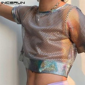 Mannen T-shirt Zien door Mesh Patchwork Streetwear Sexy O-hals Korte Mouw Crop Tops Ademend Party Casual Mannen Kleding S-5XL 220407