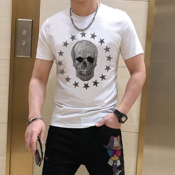 Hommes T-shirts Crâne Strass Designer Casual Slim Haute Quantité Homme Tees Hip-Hop Streetwear Coton Bel Homme Tops Vêtements S-4XL