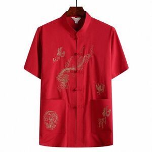 Hommes Tangs Costume Top Broderie Drag Short Slleve Hommes Chemise Couleur Unie Col Montant Chinois Kung Fu Wing Chun Gnt Chemise q8ZP #