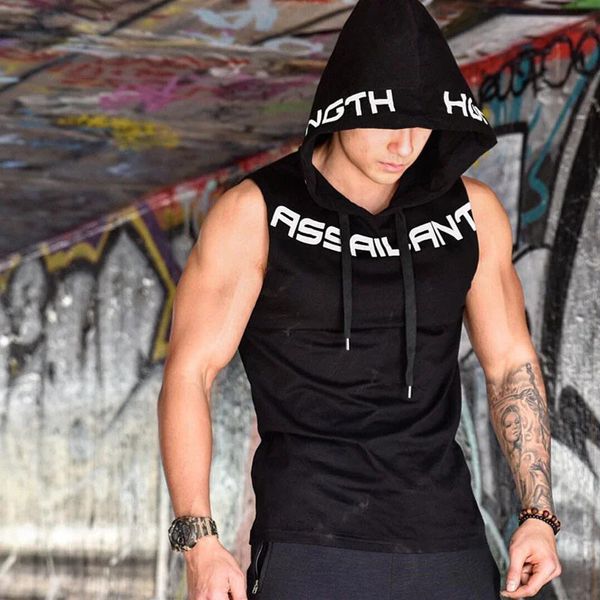 Hommes Débardeurs Gym Vêtements Fitness Sweats à capuche sans manches Gilets Coton Singlets Hommes Joggers gilet Bodybuilding vêtements de sport 240229