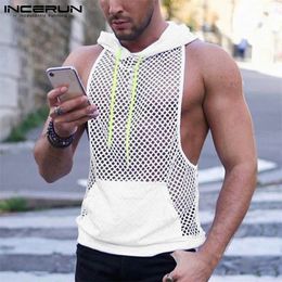 Hombres Tank Tops Mesh Patchwork Ver a través de vacaciones con capucha Bolsillos sin mangas Chalecos Transpirable Streetwear Tops S5XL INCERUN 220614