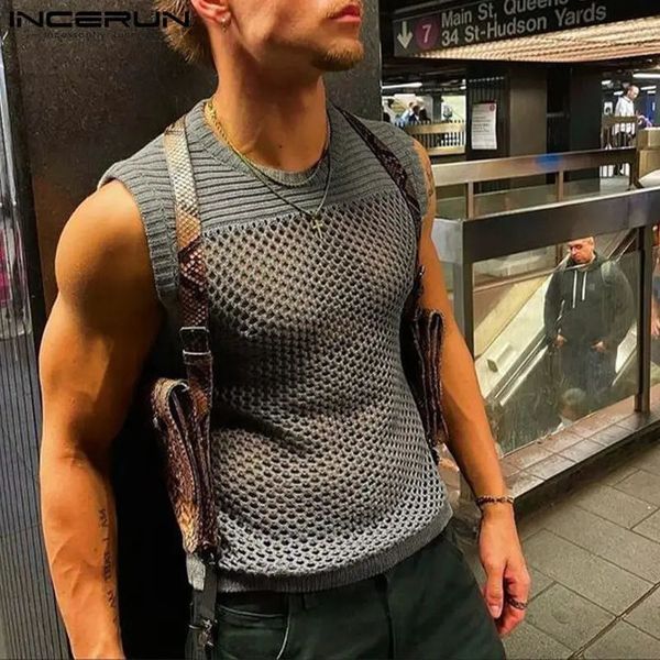 Hommes débardeurs maille Patchwork Transparent respirant col rond sans manches Sexy hommes vêtements été mode gilets S-5XL INCERUN 240229