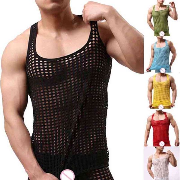 Camisetas sin mangas para hombre, chaleco de malla transparente para culturismo, camiseta interior sin mangas con cuello redondo Sexy a la moda, camisetas 210623