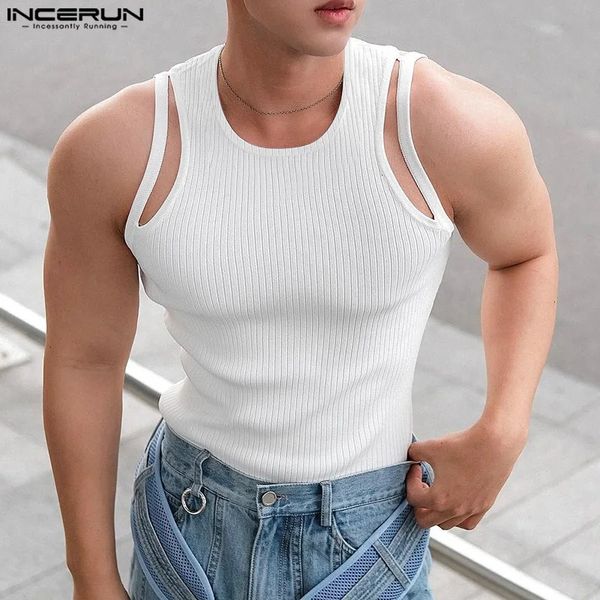 Men Tank Tops Color sólido O-Neck Fitness Fitness Hollow Out Vests Fashion Fashion Men Castain Men Clothing S-5XL Incerun 240402