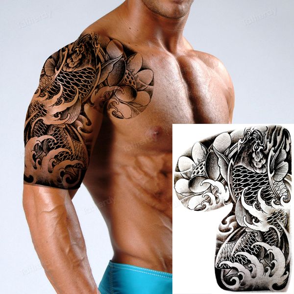 Hombres tatuajes temporales gran cuerpo arte pintura hombro pecho brazo músculo tatuaje pegatinas tótem dragón tatuaje patrón impermeable