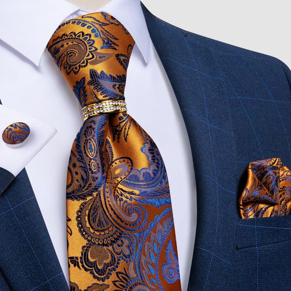 Men Tie Blue Gold Paisley Quality Wedding For Ring Hanky ​​Cuffe Link Silk Set Dibangu Designer Business JZ03-7392