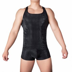 Mannen Strak Rekbaar Vest Ondoorzichtig PU Reliëf 3D Patroon Polyester Materiaal Mannelijke Sexy Unieke Fiable Imitatie Lederen Tank Top D6G2 #