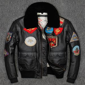 Men Leather Pilot Jacket Plus Size Wool Collar Cowhide American Army Leather Pilot Coat LJ201029