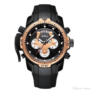 Mannen Top Luxe kwaliteit Rose Gold Casual Quartz Horloge zwart Rubberen band Heren Multifunctionele militaire Horloges Waterdichte Sport wris259P