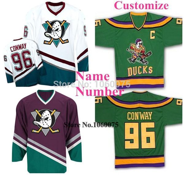 Hommes Top Film Vert 96 Charlie Conway Maillots Mighty Ducks Film Maillots Jeu Porté 1993-94 Hockey À L'extérieur Personnalisé N'importe Quel Numéro de Nom