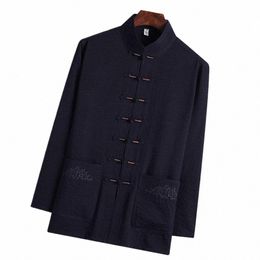 Hommes Top Col Montant Style Vintage Chinois Solide Lâche Lg Manches Poches Simple Boutonnage Hommes D'âge Moyen Père Tang Costume Chemise T8T3 #