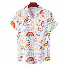 Hommes Tour Shirt 2022 Court Carto Rainbow Doodle Imprimer Bottom Up Shirt Summer Tops Mens Holiday Beach Camisetas Hawaianas Hombre D7ZK #