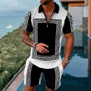 Men Tracksuit 3D -print Polo -shirts 2 stks set Zipper revers Polo sets rits kraagkraag Hawaii Holiday Style Casual Man Clothing 240411