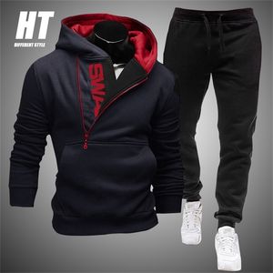 Mannen Trainingspak Casual 2 Stuks Sets Zipper Sweatshirt Hooded + Sweatpants Print Sportswear Mens Kleding Solid Jogger Sportpak 4XL 211023