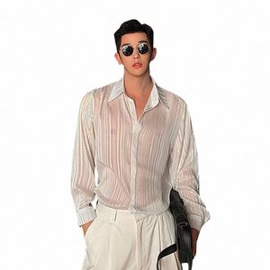 Hommes rayures translucides décontracté lâche Lg manches maille Dr chemise mâle Vintage Fi chemises blanches vêtements de scène T60y #