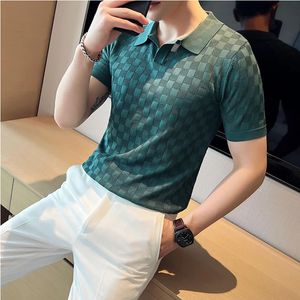 Polo tricoté en maille transparente pour hommes, chemise d'été à manches courtes, col en v, ajouré, hauts décontractés à carreaux, chemises élastiques, 240328