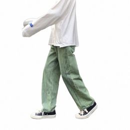 Hombres moda jeans rectos verde streetwear hip-hop skate casual piernas anchas jóvenes masculino estilo harajuku pantalones de mezclilla f7u9 #