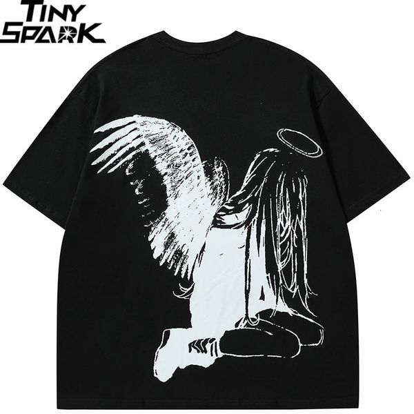 Camiseta para hombre, ropa de calle, Harajuku japonés, camiseta gráfica con alas de Ángel de dibujos animados, camiseta de verano HipHop, camisetas de Anime, camiseta de algodón Y2K 240314
