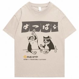 Hommes Tshirt Streetwear Japonais Harajuku Funny Drinking Cat T-shirt Cott Summer 2023 Carto T-shirt Unisexe Hip Hop Tops Tees T4yj #