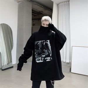 Heren turtleneck print fleece dikke warme trui hoodie mannelijke streetwear hiphop punk gothic losse casual sweatshirt bovenkleding 201103