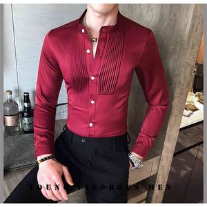 Hommes smoking chemises avant plissé petit col montant solide chemisier à manches longues mâle gentleman fête robe de mariée slim fit tops 210626